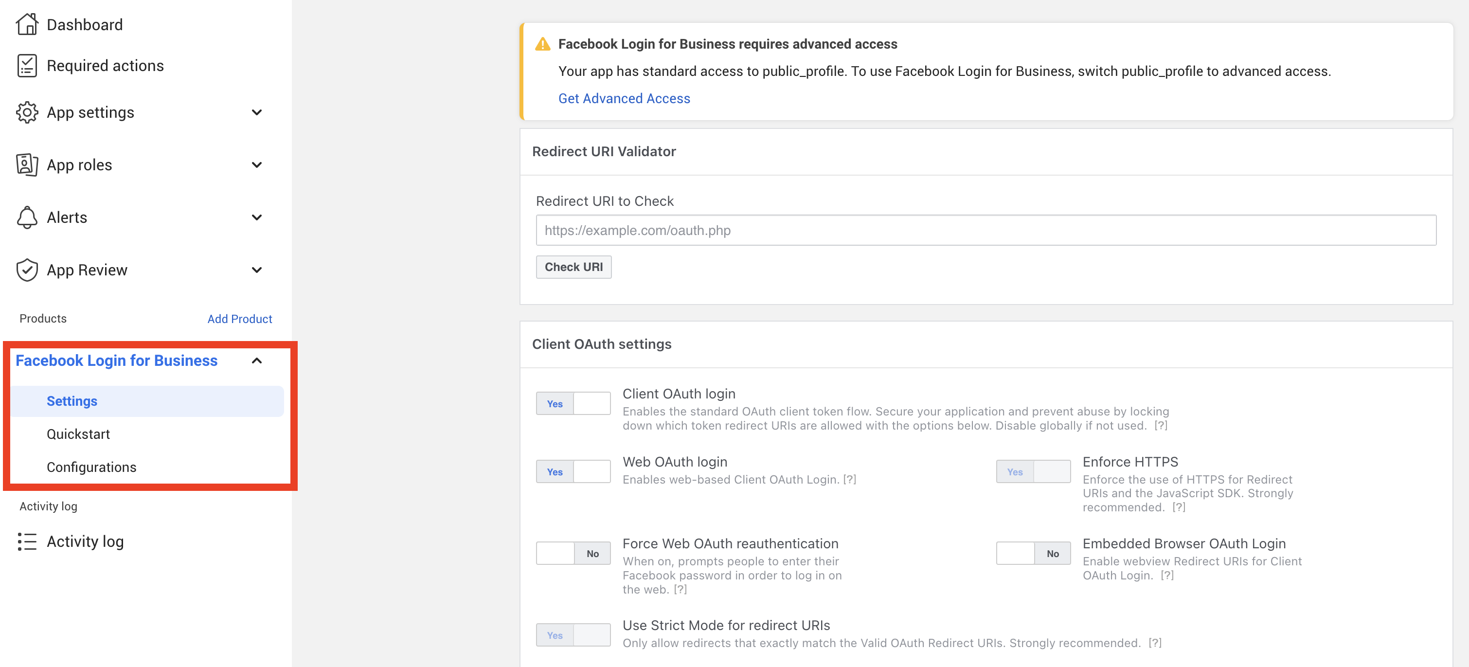 Facebook Login Settings